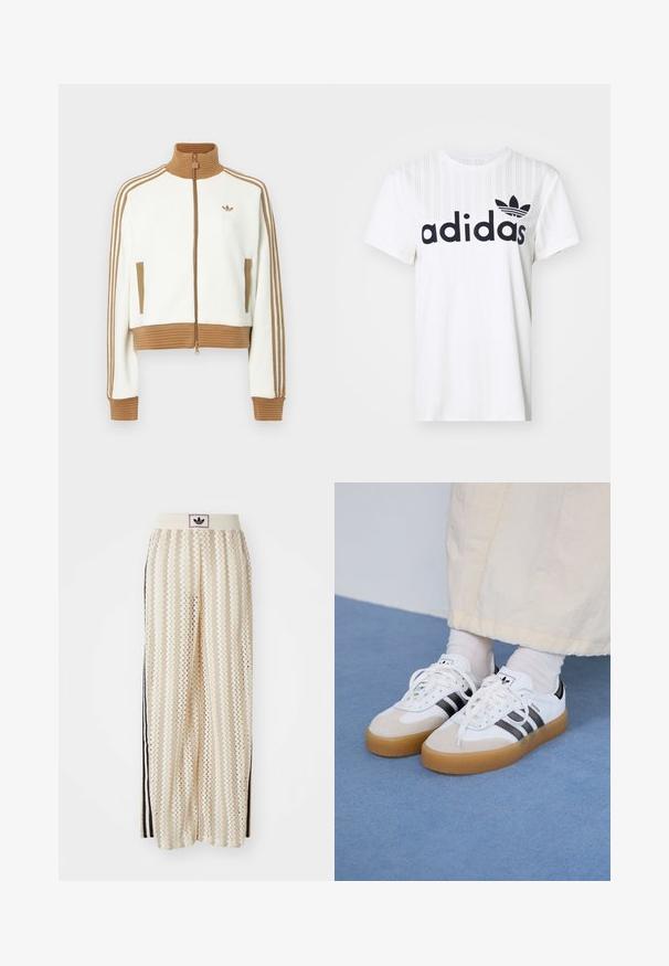 Fehér, rövidített dzseki bordás barna gallérral és mandzsettákkal. Két oldalsó zsebbe és három barna csíkba az ujjak mentén. Hímzett logóval.; Fehér pamut póló, függőleges csíkozással, nagy fekete "adidas" logóval és bal mellkason található fekete trefoil logóval.; Krém színű, széles szárú nadrág zigzag mintával, fekete logós derékrésszel és fekete oldalsávokkal. Könnyű, texturált anyag.; Fehér sportcipő fekete csíkokkal és bézs velúr részletekkel. Texturált gumi talppal és lapos fehér fűzőkkel rendelkezik, világos színű zoknival viselve.
