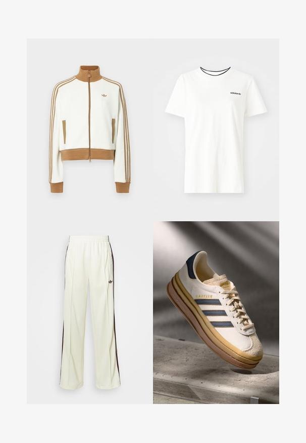 Jaqueta branca corta com um colarinho e punhos castanhos canelados. Apresenta dois bolsos laterais e três riscas castanhas nas mangas. Logótipo bordado.; T-shirt de algodão branca com mangas curtas e decote redondo. Apresenta um logo preto da Adidas no peito e uma gola interna preta em contraste.; Calças de moletom de cor creme com um ajuste descontraído, apresentando riscas laterais castanhas-escuras e um logótipo bordado na coxa esquerda.; Sapatilha Adidas Gazelle com parte superior em camurça creme, detalhes em couro azul, três riscas azuis, entresola bege e sola de borracha castanha.
