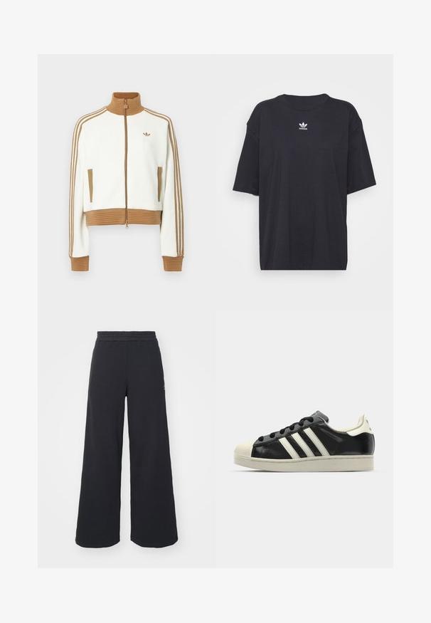 Balta īsā jaka ar ribotu brūnu apkakli un aprocēm. Iezīmēti divi sānu kabatas un trīs brūnas svītras gar piedurknēm. Izšūts logo.; Melna kokvilnas t-kreklā ar īsām piedurknēm un apaļu kakla izgriezumu, uz krūtīm ir balta Adidas logo. Vienkāršs dizains, brīvs piegriezums.; Melni platās svārku bikses, izgatavotas no mīksta auduma, ar elastīgu jostas daļu un mazu logotipu kreisajā pusē.; Melna ādas sporta apava ar baltām svītrām, gumijas purngala aizsardzību, melnām auklām un krēma krāsas zoli. Gluda tekstūra ar spīdīgu apdari.
