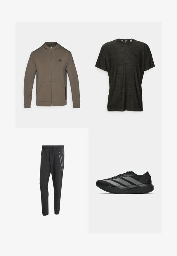Kapucnis, barna anyagú zipzáras dzseki, elöl két zsebbel és fekete részletekkel az oldalán; az Adidas logó a mellkasán található.; Sötétzöld, rövid ujjas póló, textúrált mintával, kerek nyakkivágással és egy kicsi fekete logóval a mellkason. Simán záródó alsó szegély.; Fekete sportos nadrág elasztikus derékrésszel, két cipzáras oldalzsebbel, szűkített fazonnal és fényvisszaverő részletekkel az elején.; Fekete sportcipők könnyű kialakítással, három kiemelkedő szürke csíkkal, sima textúrával és kontúros talppal.
