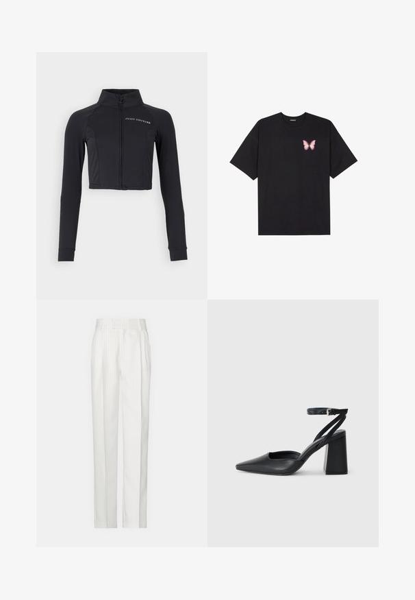 Čierna skrátená bunda vyrobená z elastického materiálu, s vysokým golierom, dlhými rukávmi a predným zipsom s bielym logom "JUICY COUTURE".; Čierne bavlnené tričko s krátkymi rukávmi, s malým ružovým motýlikom na ľavej hrudi. Design s okrúhlym výstrihom a uvoľneným strihom.; Biele pruhované nohavice so strihať priamym strihom, vyrobené z ľahkého materiálu. Obsahujú preklady vpredu a klasický pás.; Čierne kožené lodičky s špicatou špičkou a členkovým remienkom, s masívnym podpätkom. Hladký povrch, elegantný dizajn a minimalistická estetika.