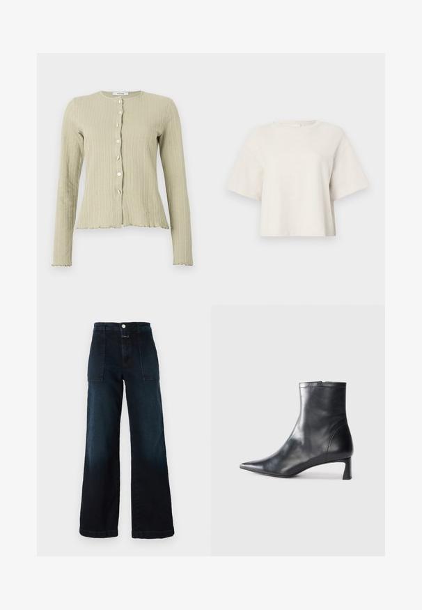 Cardigã verde claro com nervuras, apresentando um decote redondo, mangas longas, fecho frontal com botões e detalhes na bainha em forma de onda.; T-shirt cropped de cor creme, feita de tecido canelado, com decote redondo e mangas curtas, apresentando um ajuste descontraído.; Jeans largos de cor azul escuro feitos de denim, com uma cintura alta, bolsos frontais e fecho de botão na frente. Textura suave com um leve desbotado.; Bota de tornozelo em pele preta com biqueira apontada e um design elegante. Apresenta um salto baixo e um fecho com zipper na parte de trás. Textura suave.