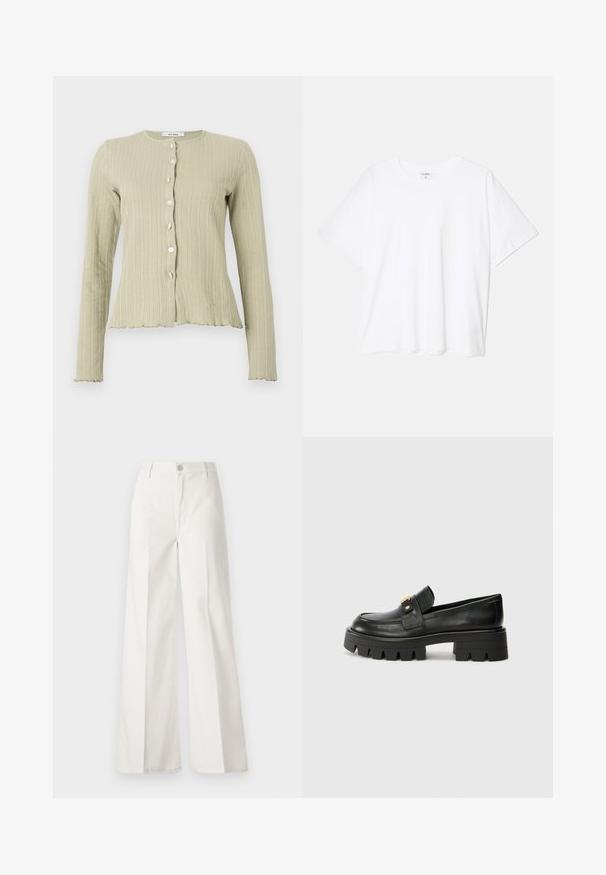 Cardigã verde claro com nervuras, apresentando um decote redondo, mangas longas, fecho frontal com botões e detalhes na bainha em forma de onda.; T-shirt de algodão branco com mangas curtas, decote redondo, corte descontraído e bainha cosida. Etiqueta visível no interior do pescoço.; Calças largas brancas feitas de algodão com uma textura suave. Apresenta um botão frontal, fecho de correr e um design de quatro bolsos.; Mocassins de couro preto com uma sola robusta, apresentando um detalhe em tom dourado na parte da frente e um acabamento suave. Design de solado com cravos robustos.
