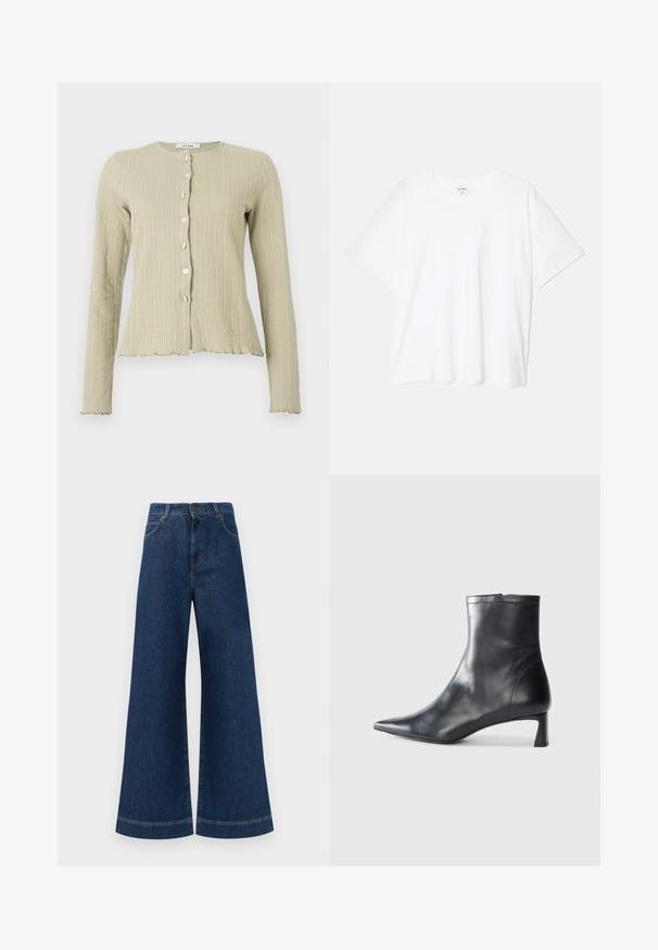 Cardigã verde claro com nervuras, apresentando um decote redondo, mangas longas, fecho frontal com botões e detalhes na bainha em forma de onda.; T-shirt de algodão branco com mangas curtas, decote redondo, corte descontraído e bainha cosida. Etiqueta visível no interior do pescoço.; Jeans azul de perna larga com cintura alta, apresentando um fecho de botão, passantes para cinto e detalhes de costura discretos ao longo dos bolsos e das bainhas.; Bota de tornozelo em pele preta com biqueira apontada e um design elegante. Apresenta um salto baixo e um fecho com zipper na parte de trás. Textura suave.