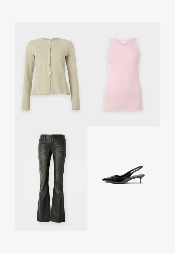 Hele roheline ribadega kardigan, millel on ümar kaelus, pikad varrukad, nööbikirjeldused ees ja laineline äärte detail.; Heled roosa tanki ülemus, mis on valmistatud pehmest ja elastsetest kangast. Omab ümmargust kaelust ja kitsaid õlgu, sileda tekstuuri ja kehaümberkujundavat lõiget.; Mustad kunstnahkflared teksad esipocketitega, metallist nupuklips ja kergelt tekstureeritud pind. Sirge jala lõige, pikem lõige.; Musthave nahkased kõrged kontsad, millel on terav varvas, väike kitten-kont ja dekoratiivne sõlm ees. Ühtlane sile tekstuur.