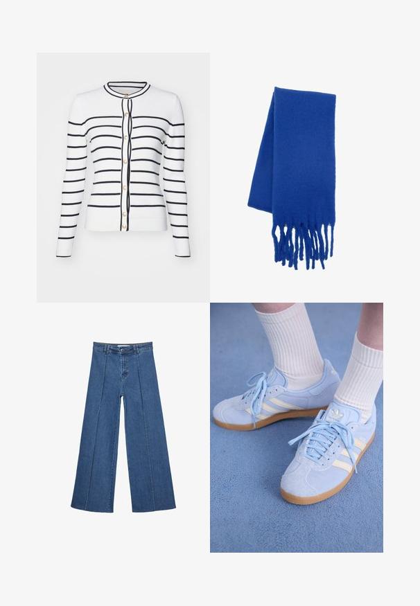 Cardigan bianco a coste con righe orizzontali blu navy, con collo rotondo, maniche lunghe e bottoni dorati lungo la parte anteriore.; Camicia azzurra realizzata in un tessuto morbido, con colletto classico, chiusura a bottoni sul davanti e maniche arrotolate per un fit rilassato.; Jeans in denim a gamba larga di blu medio, con vita alta, chiusura con bottone e dettagli delle cuciture verticali a contrasto lungo la parte anteriore.; Sneaker scamosciate azzurro chiaro con strisce bianche, lacci piatti e suola in gomma. Calze bianche a costine indossate sopra la caviglia.; Sciarpa in lana blu con una texture morbida, caratterizzata da estremità frangiate. Il design è classico e rettangolare, che enfatizza il suo colore vivace.