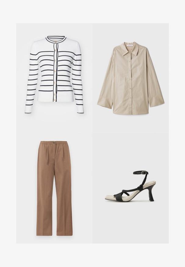 Cardigã branco com nervuras e riscas horizontais em azul-marinho, apresentando um decote redondo, mangas longas e botões dourados na frente.; Camisa de manga longa bege com um grande colarinho pontiagudo, fecho com botões na frente e punhos largos. Feita de um tecido liso e leve.; Calças largas, castanhas, com um cós elástico e fecho de botão. Textura suave com um brilho subtil e sem padrões visíveis.; Sandal com salto alto preto e design de tiras trançadas, bico quadrado e tira de tornozelo ajustável. Sola em tom bege claro com um salto preto brilhante.