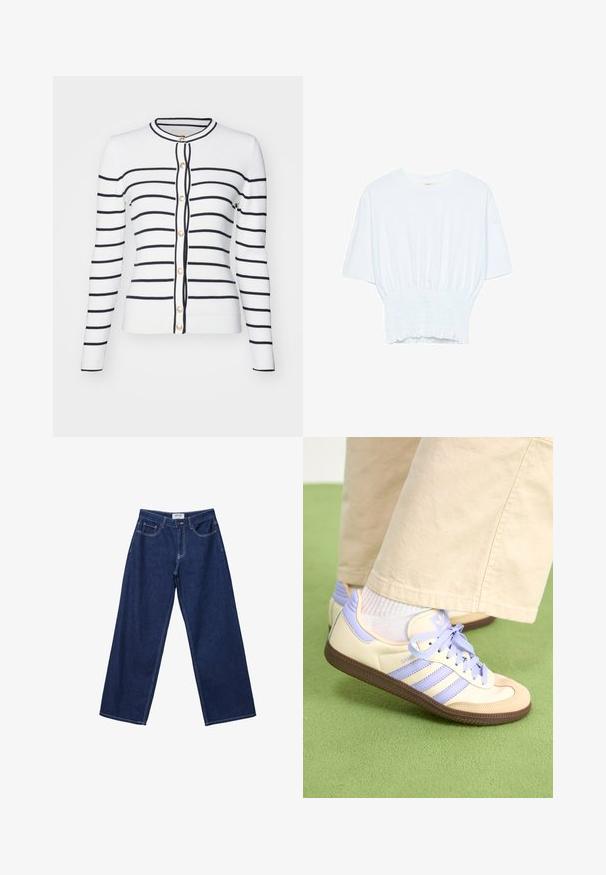 Weißer gerippter Cardigan mit marineblauen horizontalen Streifen, runder Halsauschnitt, langen Ärmeln und goldenen Knöpfen auf der Vorderseite.; Weißes T-Shirt mit kurzen Ärmeln, lockerer Passform und gerafftem Stoff an der Taille. Aus weichem, leichtem Material gefertigt.; Hellebänder aus dunkelblauem Denim mit Knopfverschluss, fünf Taschen und kontrastierenden weißen Nähten. Der Stoff hat eine glatte, leicht strukturierte Oberfläche.; Cremefarbene und lavendelfarbene Sneakers mit drei Streifen und einer strukturierten braunen Sohle, ausgestattet mit Schnürsenkeln und einer gepolsterten Ferse. Obermaterial aus weichem Stoff.