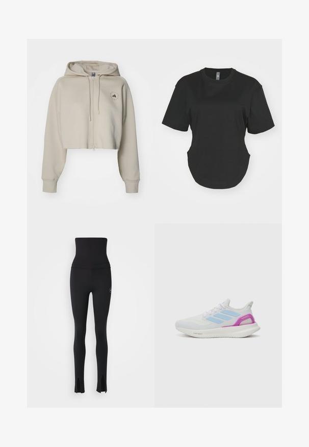adidas by Stella McCartney HOODIE - Jaka ar rāvējslēdzēju - desert sand; Melns īsām piedurknēm T-krekls, kas izgatavots no kokvilnas. Apaļa kakla izgriezums ar izliektu apakšmalu un sānu šķēlumiem. Gluda tekstūra, ikdienišķa piegriezuma.; adidas by Stella McCartney Legingi - black; adidas Performance PUREBOOST 5 - Apavi skriešanai pa asfaltu - white/glow blue/purple burst
