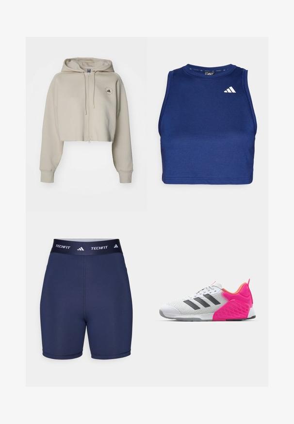 adidas by Stella McCartney HOODIE - Športna jopa s kapuco na zadrgo - desert sand; Temno modra brezrokavna športna majica s krožnim izrezom. Ima gladek material in belo Adidasovo logo na levi strani prsnega predela.; Mornarsko modri športni kratki hlače z gladko teksturo, elastičen pas s napisom "TECHFIT" in logotipom treh črt, oprijet dizajn, minimalni šivi.; Bela športna čevelj z sivo črtami, mrežasto zgornjim delom in rožnato peto ter dodatki. Ima teksturirano peto in gumijastim podplatom. Čipke in oblazinjen ovratnik.