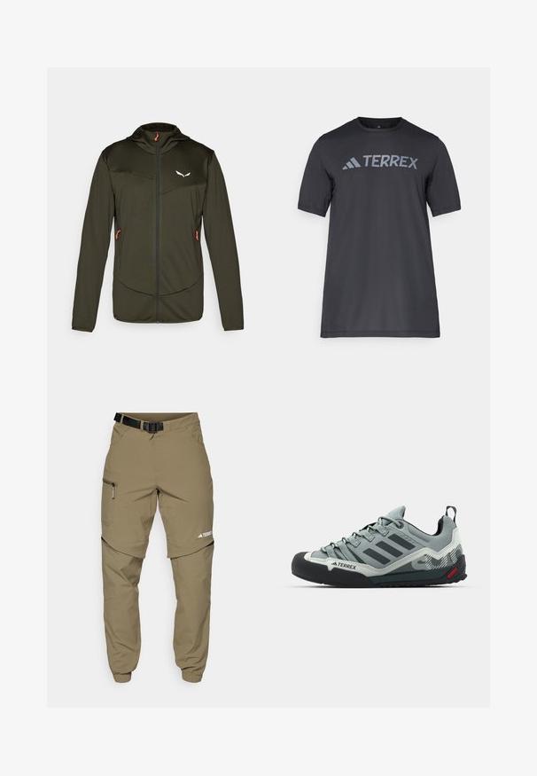 Giacca leggera verde oliva con zip frontale, cappuccio e due tasche laterali. Presenta un materiale testurizzato e un tirazip arancione a contrasto.; T-shirt nero a maniche corte realizzato in tessuto leggero, con il logo "TERREX" grigio chiaro sul petto e colletto tondo.; Pantaloni da esterno khaki con cintura nera regolabile, tasche con zip, polsini affusolati e gambe inferiori staccabili per uno stile versatile.; Scarpe da arrampicata grigie con una tomaia strutturata, punta in gomma nera, tre strisce scure e un piccolo accento rosso sulla suola.