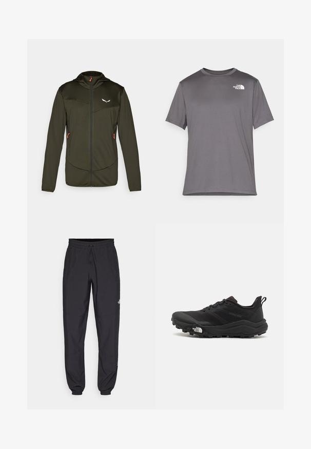 Oliivinvihreä kevyt takki, jossa on vetoketju, huppu ja kaksi sivutaskua. Takissa on teksturoitu materiaali ja kontrastivärinen oranssi vetoketjun vetotanko.; Harmaa lyhythihainen urheilupaita, joka on valmistettu sileästä, kevyestä kankaasta. Sisältää valkoisen logon vasemmassa rintakappaleessa. Pyöreä kaula-aukko.; Mustat urheiluhousut, jotka on valmistettu kevyestä kankaasta. Housuissa on naru vyötäröllä, sivutaskut ja kapenevat hihnat nilkoissa.; Musta maastojuoksukengät, joissa on teksturoitu päällinen, kumipohja ja vahvistettu varvastoppia. Varusteena pehmustettu nilkkakappale ja vetotappi helppoa pukemista varten.