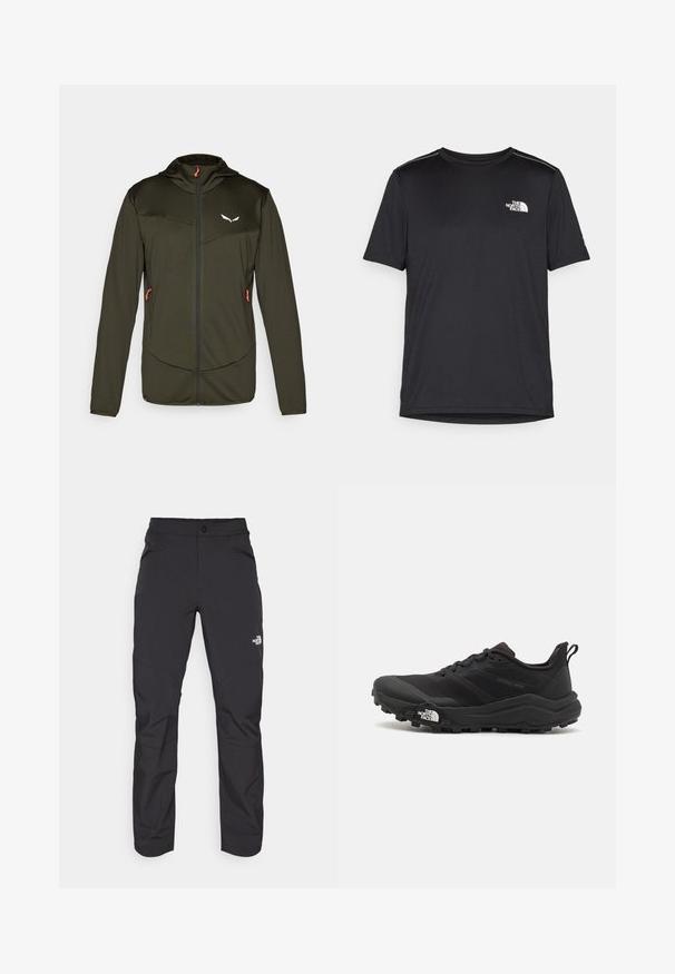 Leichte olivgrüne Jacke mit Reißverschluss vorne, Kapuze und zwei seitlichen Taschen. Besitzt ein strukturiertes Material und einen kontrastierenden orangen Reißverschluss-Anhänger.; Schwarzes T-Shirt mit kurzen Ärmeln aus leichtem Stoff. Mit einem kleinen weißen Logo auf der linken Brust und dezenten Akzenten an den Schultern.; Schwarze Outdoor-Hosen mit einer Reißverschlusstasche vorne, aus synthetischem Material, mit schmal zulaufenden Beinen und verstärkten Kniefeldern. Verfügt über einen Knopfverschluss.; Schwarzer Trailrunning-Schuh mit strukturiertem Obermaterial, Gummisohle und verstärkter Zehenkappe. Verfügt über einen gepolsterten Kragen und eine Ziehlasche für einfaches Anziehen.
