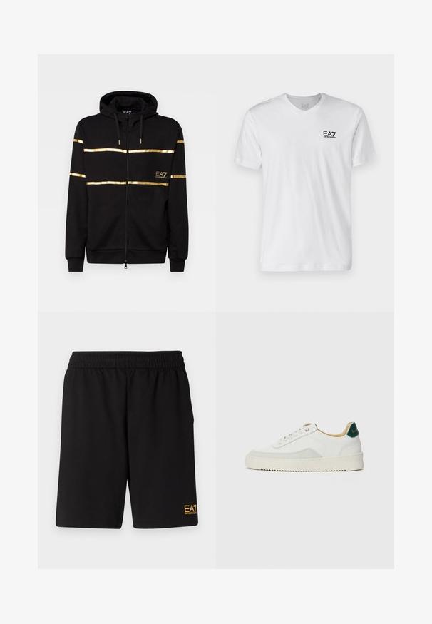 Sort zip-up hoodie med guldstriber over brystet og et logo. Har en hætte med snoretræk og ribbede manchetter. Blød stofstruktur.; Hvid bomulds T-shirt med v-udskæring, korte ærmer, prydet med et sort EA7-logo på venstre bryst. Glat tekstur, enkelt design.; Sorte atletiske shorts lavet af blødt stof, med en elastisk talje og et lille gult EA7-logo nederst på venstre ben.; Hvide sneakers med ruskindsdetaljer, rund tå, flade snørebånd og en cremet gummisål. Har grøn branding på hælen.