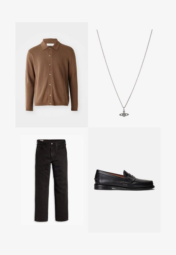 Cardigan tricotat maro cu guler, având un închidere cu butoane și mâneci lungi, fabricat dintr-un material moale cu o textură subtilă.; Tricou din bumbac negru, cu guler rotund și mâneci scurte. Are un logo subtil în față și o linie de tiv dreaptă. Design simplu și minimalist.; Jeans din denim negri cu picior drept, cu cinci buzunare, închidere cu nasture și bucle pentru curea, așezați plat pe un fundal alb.; Mocasini negri din piele cu finisaj neted, vârf rotund și o bandă decorativă peste partea superioară. Prezintă o talpă joasă neagră.; Colier din argint cu un pandantiv detaliat în formă de planetă, împodobit cu accente mici și modele complicate.