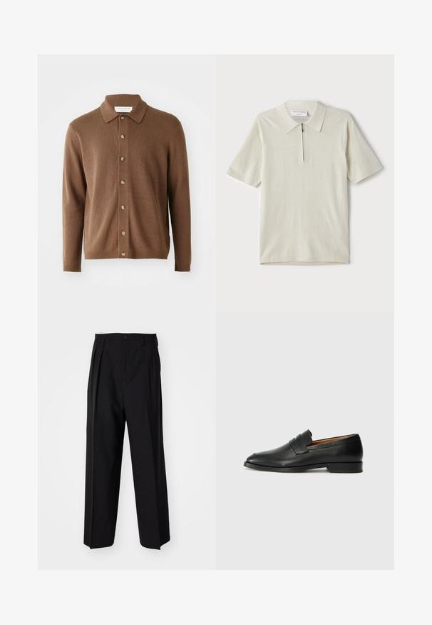 Brun strikket cardigan med krageutskjæring, med knappåpning foran og lange ermer, laget av mykt materiale med en subtil tekstur.; Kortermet polo skjorte i lys beige med glidelås i kragen. Laget av glatt stoff, har et enkelt, moderne design uten mønstre.; Sorte plissert bukser med en rett, bred benform. Laget av glatt stoff, med knappelukking og beltehemper.; Svart skinnloafer med rund tå, subtilt sydd detaljering og lav hæl, med en glatt tekstur og minimalistisk design.