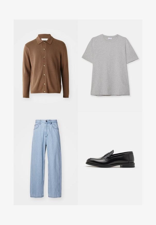Brūns adīts kardigans ar apkakles dekoltē, ar pogu priekšpusi un garām piedurknēm, izgatavots no mīksta materiāla ar vieglu faktūru.; Pelēks īsā piedurkņu T-krekls, kas izgatavots no mīkstas, teksturētas auduma. Tam ir klasiskā apļa kakla izgriezums un taisna apakšmalā, piemērots ikdienas valkāšanai.; Gai zila džinsu bikses ar platām kājām, kurām ir priekšējās kabatas, pogas aizdare un detalizēta dūriena ap malu.; Melnas ādas kurpes ar gludu tekstūru, noapaļu purngalu un dekoratīvu siksniņu pāri priekšpusei. Zems sakrauts papēdis, minimālisma dizains.