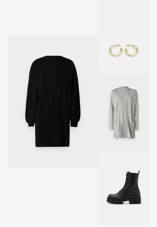 GAP V-BELLA OPEN THIRD - Kardigan - grey heather; Must mustri vaba must kootud kleit ümmarguse kaelusega, pikkade puhvärkkäistega ja lõtvade lõikega. Sile tekstuur ilma nähtavate mustrite või riistade detailideta.; Must mustaanklid mustast nahast, paksu ja soonilise tallaga, sidumisena esiotsaga ja tõmbevahega, suvalisel valgel taustal.; Kuldne rõngassõrmused sileda ja läikiva viimistlusega. Ringikujuline disain, millel on väike post ja selge tagumine külg, et tagada kindel kandmine.
