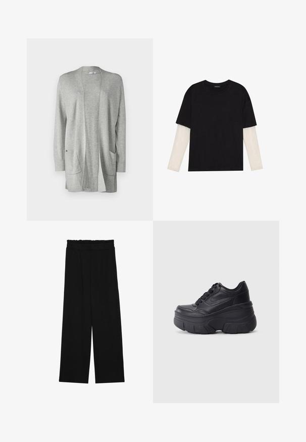 GAP V-BELLA OPEN THIRD - Adīta jaka - grey heather; Melna kokvilnas T-kreklu ar īsām piedurknēm, virs baltas garām piedurknēm ar smalku teksturētu rakstu. Apaļas kakla izgriezuma dizains.; Melnas platās bikses ar volangām jostasvietā, ar divām sānu kabatām un gludu, vieglu audumu. Nav redzamu rakstu vai aksesuāru.; Melni šņorējami sporta apavi ar biezu zoli, ar gludu ādas augšdaļu, noapaļotu purngalu un izteiktu slāņveida platformas dizainu.