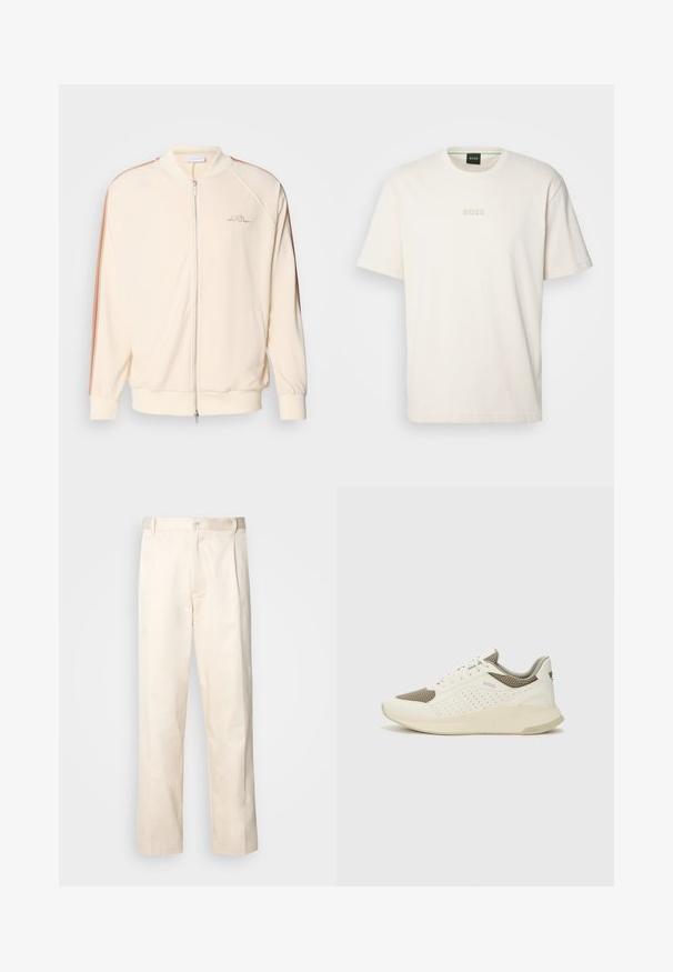 Krem bomber jakna s patentnim zatvaračem, kontrastne smeđe pruge na ramenima, rebrasti manžetni i suptilna logotip vezenje na prsima.; BOSS TEE - Osnovna majica kratkih rukava - open white; Bežaste pamučne hlače ravnog kroja s kopčanjem na dugme i plisiranjima sprijeda za dodatni detalj.; Bijele i svijetlosmeđe sportske tenisice, sa mrežastim gornjim dijelom, perforiranim detaljima i teksturiranim međutrakom sa brendom na peti.