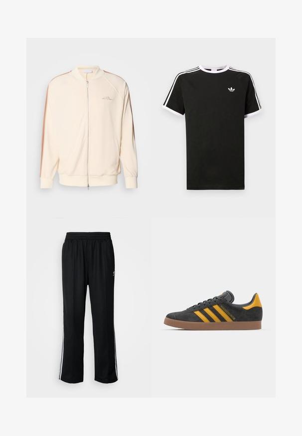 Krémová bomber bunda se zipovým uzávěrem, kontrastními hnědými pruhy na ramenou, žebrovanými manžetami a decentním výšivkou loga na hrudi.; Černé tričko vyrobené z bavlny s bílými akcenty. Má krátké rukávy, raglánový střih a malé logo na hrudi. Tři bílé pruhy na ramenou.; Černé sportovní kalhoty s elastickým pasem, s bílými bočními pruhy a malým logem. Materiál vypadá měkce a lehce.; Černé semišové tenisky se žlutými akcenty, vybavené třemi pruhy a hnědou gumovou podrážkou. Obsahují polstrovaný jazyk pro pohodlí.