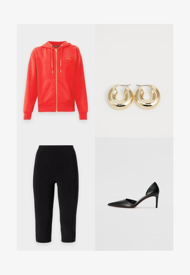 Felpa rossa con zip e texture liscia, tasche a marsupio, cappuccio con cordino e logo dorato sul petto.; Camisole bianco in satin con spalline regolabili, busto strutturato a onde e orlo dritto. Texture liscia e design minimalista.; Leggings capri neri realizzati in tessuto elasticizzato, caratterizzati da un design aderente e vita alta, senza cuciture o motivi visibili.; Décolleté nere in pelle con tacco alto, punta affusolata, lati aperti e una silhouette elegante. Presentano un tacco sottile e una suola rossa in evidenza.; Orecchini a cerchio in oro con un design liscio e arrotondato e una finitura lucida, dotati di un gancio per la chiusura. Incisi con "DKNY."