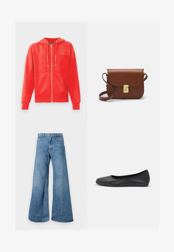 Rode hoodie met rits, met een gladde textuur, kangoeroe zakken, een trekkoordkap en een gouden accentlogo op de borst.; Witte lange mouwen overhemd met kraag van katoen. Voorzien van een knoopsluiting aan de voorkant en een enkele borstzak. Een gladde textuur en een ontspannen pasvorm.; Brede blauwe denim jeans met een hoge taille, voorzien van klassieke vijf-pocket styling en een lichte vervaging voor textuur.; Zwarte leren ballerina met een ronde neus, gladde textuur, minimale stikdetails en een flexibele zoolontwerp.; Bruine leren handtas met een klep sluiting, gouden hardware, een schouderband en een gladde textuur. Compact rechthoekige vorm.
