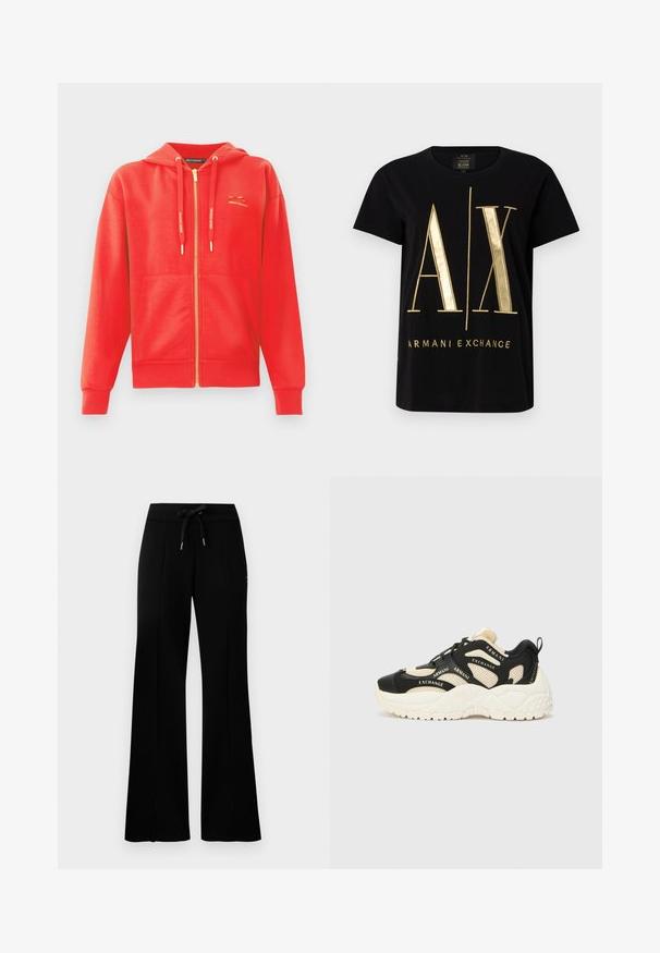 Červená mikina na zips s hladkým povrchom, klokanie vrecká, kapucňa so šnúrkou a zlatý logotyp na hrudi.; Čierne bavlnené tričko s odvážnym zlatým logom "A/X" a textom "ARMANI EXCHANGE", krátke rukávy, okrúhly výstrih, hladká textúra.; Čierne široké tepláky s elastickým pásom a šnúrkou, bočnými rozparkami, mäkkou látkou a štýlovým dizajnom.; Čierne a krémové tenisky so štruktúrovanou podrážkou, sieťovinovými panelmi a značkovými akcentmi. Okrúhla špička a šnurovací dizajn. Nastaviteľná pätná časť.