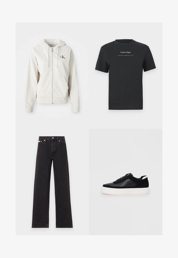 Gaišpelēka rāvējslēdzēja džemperis ar kapuci, priekšējām kabatām un mazu izšūtu logotipu uz krūtīm. Gluda tekstūra. Kokvilnas maisījuma materiāls.; Melna kokvilnas T-kreklā ar apaļu apkakli, īsām piedurknēm un baltu uzdrukātu "Calvin Klein" logotipu un tekstu "Izveidots 1968".; Melni platmalu džinsi, kas izgatavoti no denima, ar augstu vidukli, piecu kabatu dizainu un metāla pogas aizdari ar kontrastējošu šuvumu.; Melnas sporta kurpes ar gludu ādu un zamša paneļiem, plakaniem šņorēm, noapaļotu pirkstu daļu un baltu gumijas zolīti. Izteikts logo uz papēža.
