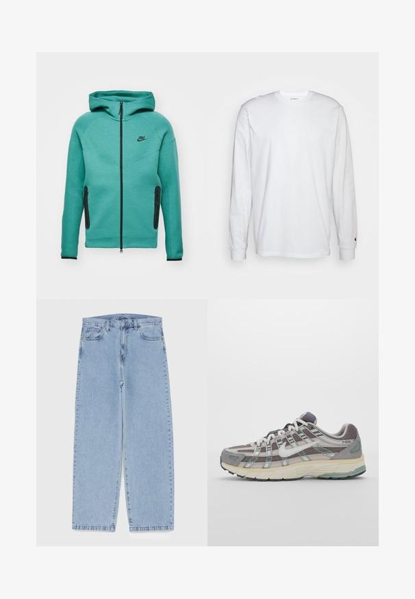 Zaļš sporta džemperis ar kapuci, ar rāvējslēdzēju, melniem akcentiem un divām sānu kabatām ar rāvējslēdzēju. Izgatavots no teksturēta auduma ar pieguļošu dizainu.; Balta garām piedurknēm T-kreklā, kas izgatavots no kokvilnas. Arapa kakla dizains ar ribotām aprocēm un mazu logotipu uz kreisās piedurknes. Gluda tekstūra.; Gai zila džinsu bikses ar taisnu kāju dizainu, kas piedāvā vidēju vidukļa augstumu, piecas kabatas un pogas un rāvējslēdzēja aizdari.; Pelēkie sporta apavi ar tīkla un zamša augšdaļu, baltiem akcentiem, mīkstinātu zoli un izcilu dizainu ar atstarotājiem.