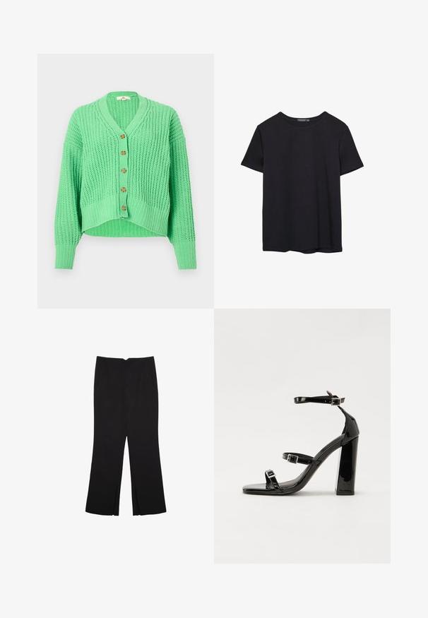 Grön stickad kofta med V-ringning, fem träknappar, ribbad struktur och kort design med långa ärmar.; En enkel svart bomulls T-shirt med kort ärm och rund hals, uppvisad på en vit bakgrund.; Svarta byxor med rak passform, utrustade med framfickor och sidoklyvningar vid fållen. Tillverkade av mjukt, slätt tyg. Lämpliga för olika tillfällen.; Svarta lackerade klacksandaler med fyrkantig tå, ankelremmar och silverfärgade spännen. Har en kraftig blockklack för stabilitet.