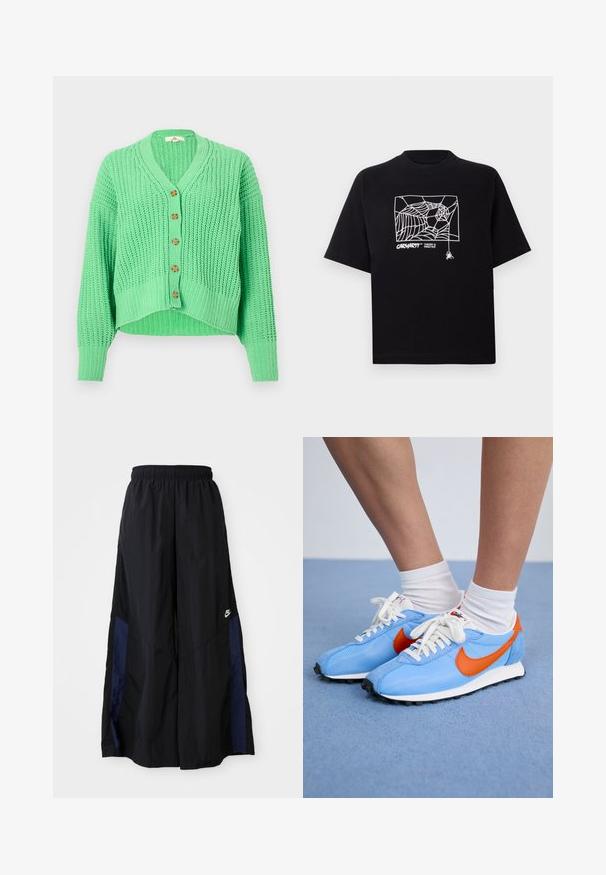 Green knitted cardigan featuring a V-neck, five wooden buttons, ribbed texture, and a cropped design with long sleeves.; Black T-shirt made of cotton with short sleeves. Features a white spider web graphic and logo on the front. Simple rounded neckline.; Black wide-leg pants made of lightweight fabric, featuring a navy blue side panel and an elastic waistband. Small white logo on bottom.; Blue mesh and suede sneakers with orange accents and white laces. Black rubber outsole. Worn with white crew socks on a blue surface.