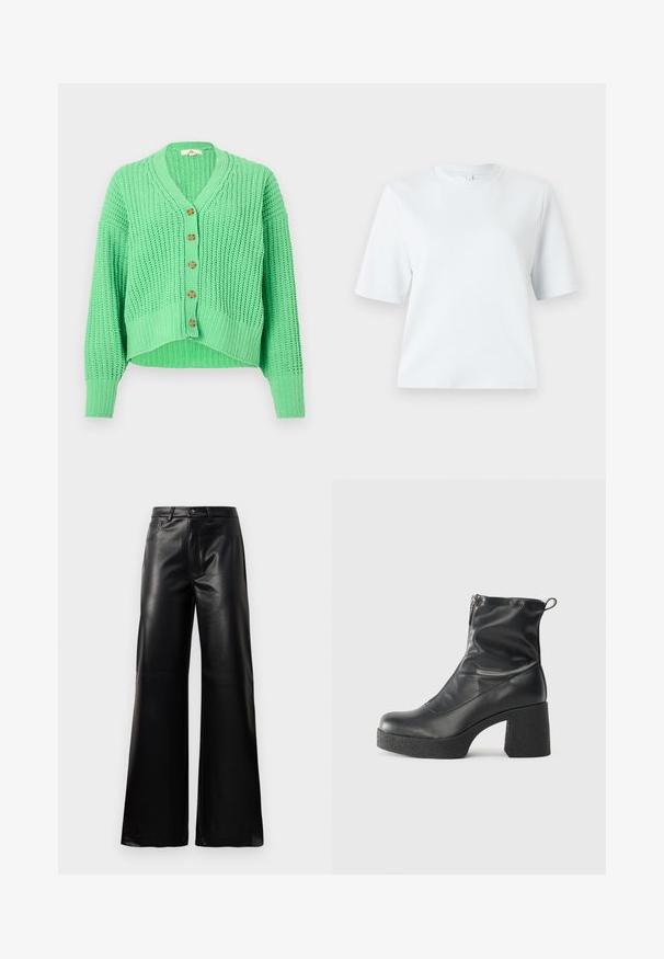 Zöld kötött kardigán V-nyakkal, öt fa gombbal, bordázott mintázattal és rövidített fazonnal, hosszú ujjakkal.; Világoskék, rövid ujjú póló, puha pamutból készült. Klasszikus, kerek nyakú és laza szabású, minta vagy díszítés nélkül.; Fekete, magas derekú, széles lábú, műbőr nadrág elülső gombbal, cipzárral, övbújtatókkal és oldalsó zsebekkel, fehér háttérrel.; Fekete bokacsizmák sima bőrből, oldalsó cipzárral, vastag, texturált sarkú és lekerekített orrú dizájnnal.