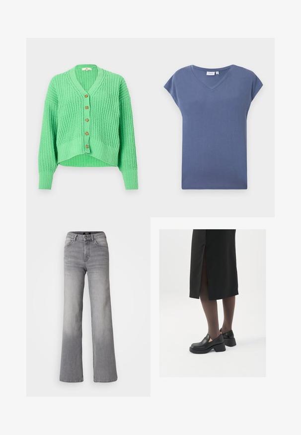 Grüne Strickjacke mit V-Ausschnitt, fünf Holzknöpfen, geripptem Muster und cropped Design mit langen Ärmeln.; V-Ausschnitt, kurzärmliges T-Shirt in einer sanften blauen Farbe, aus weichem Baumwollmaterial mit glatter Textur und lässiger Passform.; Hochtaillierte graue Denim-Jeans mit geradem Bein, Frontknopf und Reißverschluss, Vorder- und Gesäßtaschen sowie ausgewaschenen Schattierungen an Oberschenkeln und Waden.; Schwarze Lederschuhe mit abgerundetem Zeh, dicker Blockabsatz und elastischen seitlichen Akzenten, kombiniert mit dunklen Strumpfhosen und einem schwarzen Rock mit Schlitz.