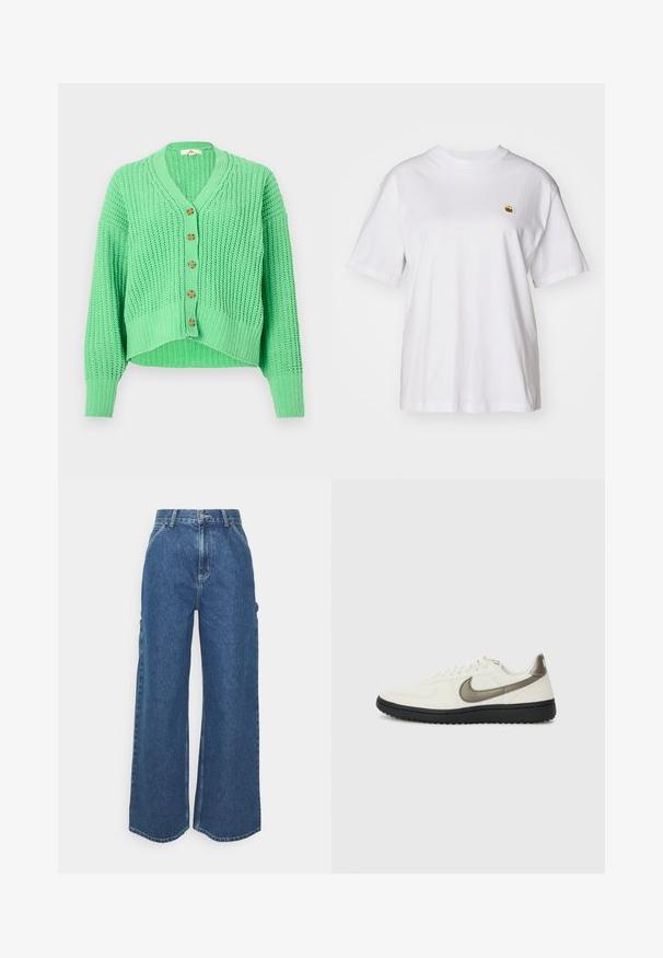 Grüne Strickjacke mit V-Ausschnitt, fünf Holzknöpfen, geripptem Muster und cropped Design mit langen Ärmeln.; Weißes Baumwoll-T-Shirt mit lockerem Schnitt, kurzen Ärmeln und einem kleinen gestickten Logo auf der linken Brustseite.; Weite blaue Denim-Hosen mit hoher Taille, kontrastierenden Nähten und Seitentaschen, ausgestattet mit einem klassischen Five-Pocket-Design und rohen Säumen.; Nike Sportswear FIELD GENERAL - Sneaker low - off-white/black