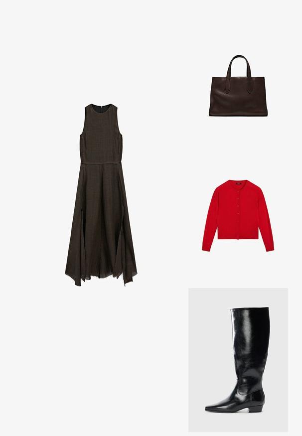 Rød strikket cardigan med lange ærmer, rund halsudskæring og knaplukning. Har ribbet kant og manchetter. Glat tekstur.; Brun ærmeløs kjole med en struktureret stof, der har en tætsiddende overdel og en flydende nederdel med rå kant og sideslids.; Sort læderknæhøj støvle med en skinnende finish, spidse tæer og lav blokhæl. Har en glat tekstur og minimalistisk design.; Brun læder tote bag med to forlængede håndtag, struktureret rektangulær form, glat overflade og subtile syninger.
