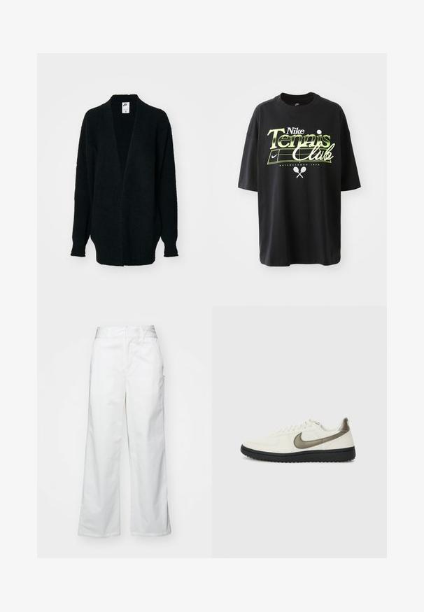 Nike Sportswear CARDIGAN - Kardiganas - black; Juodas medvilninis marškinėliai su trumpomis rankovėmis, su žaliai baltu "Nike Tennis Club" grafiku, iliustracijomis su teniso kamuoliuku ir rakete.; Balti plačios kojos kelnės, pagamintos iš medvilnės, turinčios lygią tekstūrą, tiesų siluetą, priekinės kišenės ir švarų apvado kraštą.; Nike Sportswear FIELD GENERAL - Sportbačiai - off-white/black