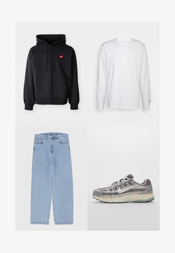 Fekete cipzáras kapucnis pulóver, pamut keverékből készült, elülső zsebbel és piros szív logóval a bal mell részen. Zökkenőmentes textura, állítható húzózsinóros kapucni.; Fehér, hosszú ujjú, pamut póló. Kerek nyakú kialakítás, bordázott mandzsetták és egy kis logó a bal ujján. Simaság jellemzi.; Világoskék farmernadrág egyenes szárú kivitelben, közepes derékkal, öt zsebbel, gombos és cipzáros záródással.; Szürke sportcipő, hálós és velúr felsőrésszel, fehér részletekkel, párnázott talppal és jellegzetes dizájnnal, amely visszaverő elemeket tartalmaz.
