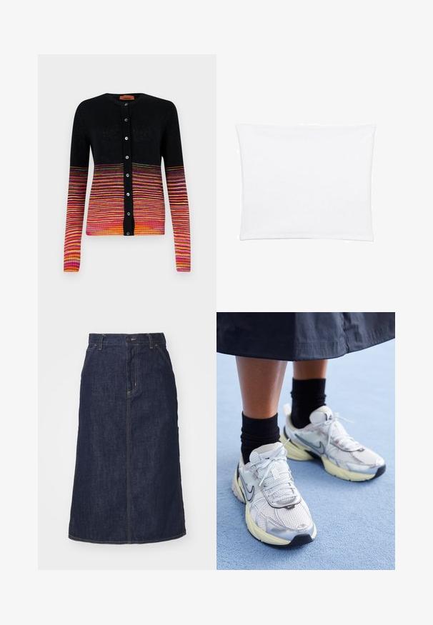 Čierny cardigan s gradientom horizontálnych pruhov v ružovej, oranžovej a žltej farbe. Má okrúhly výstrih a zapínanie na gombíky.; Biela obliečka na vankúš s hladkým, jemným povrchom, s obdĺžnikovým tvarom a čistými okrajmi, navrhnutá pre štandardné veľkosti vankúšov.; Tričko bez rukávov v modrej, čiernej a bielej farbe. Materiál je rebrovaný s okrúhlym výstrihom. Každé tričko má štítok s označením „even&odd.“; Tmavé džínsové sukne s vysokým pásom, rovný strih, predné vrecká a prešitými švami. Obsahuje zips a gombík na uzatvorenie v páse.; Biele a strieborné Nike tenisky s mrežovou textíliou, reflexnými akcentmi a béžovou podrážkou. Nosené s čiernymi ponožkami, stojace na modrom povrchu.