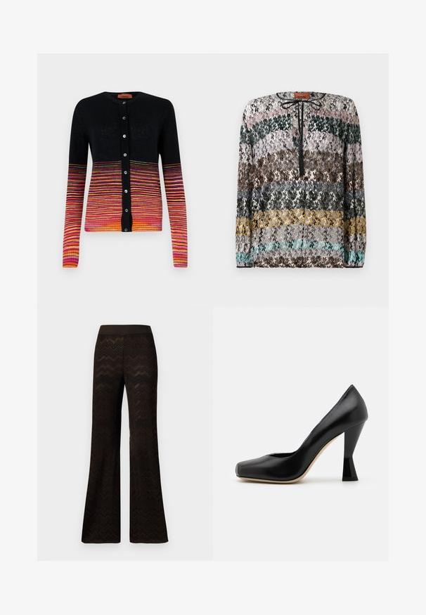 Black cardigan with a gradient of horizontal stripes in pink, orange, and yellow. Features a round neckline and button closure.; Long-sleeve sweater with horizontal zigzag stripes in black, pink, green, brown, gray, yellow, and turquoise, featuring a black tie neckline.; Wide-leg black pants with a zigzag knit pattern and elastic waistband, displayed against a plain white background.; Black leather high-heeled shoe with a square toe and a uniquely shaped glossy black heel. Smooth texture and simple design.