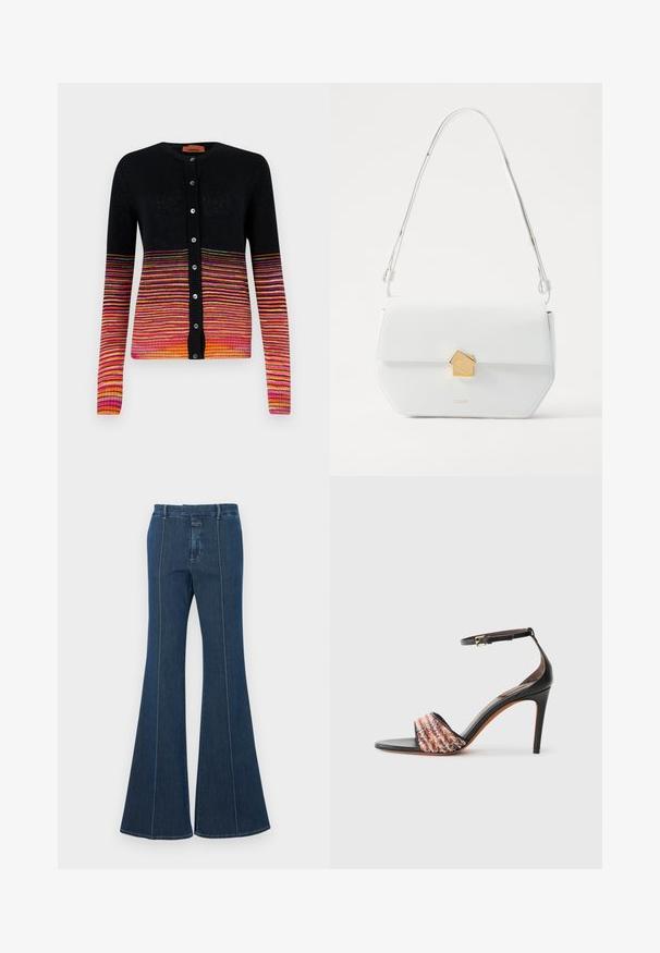 Fekete kardigán vízszintes csíkok fokozatos árnyalataiban rózsaszín, narancs és sárga színben. Kerek nyakkivágással és gombos zárással rendelkezik.; Tejszínű, rövid fazonú póló bordázott anyagból, kerek nyakkivágással és rövid ujjakkal, laza szabással.; Sötétkék farmer trapéznadrág, strukturált varrással és letisztult kivitelezéssel. Közepes magasságú derékpánttal és széles, folydogáló lábakkal rendelkezik.; Fekete sarkú szandál bokapánttal. Az orrán egy textúrált, multiszínű szövetcsík található. Simára csiszolt bőr felső.; Fehér bőr válltáska geometrikus arany csattal, lapos dizájnnal és hosszúkás pánttal. Tiszta vonalakkal és fényes textúrával rendelkezik.