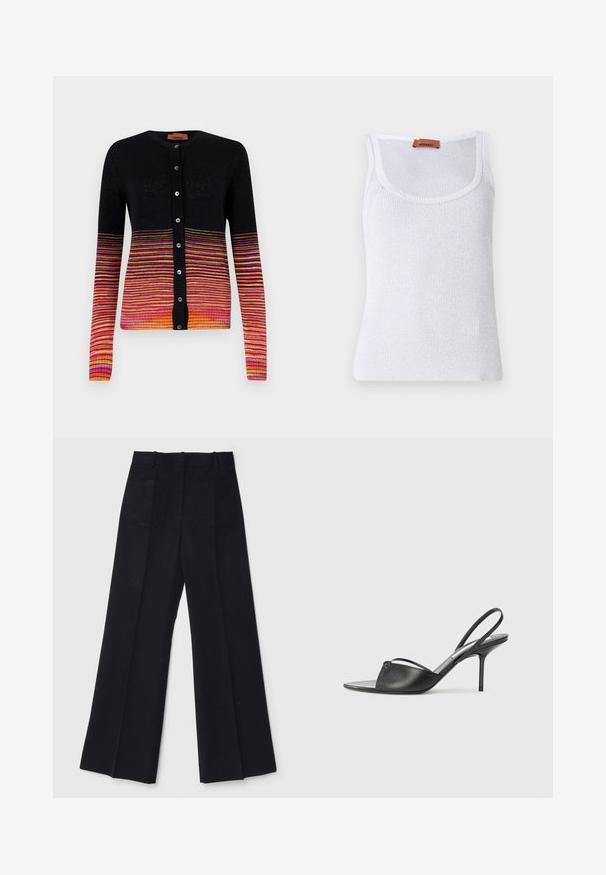 Black cardigan with a gradient of horizontal stripes in pink, orange, and yellow. Features a round neckline and button closure.; White ribbed tank top with a round neckline, featuring a thin texture and a leather label near the shoulder.; Black wide-leg trousers made of a smooth fabric, featuring a high waist, two back pockets, and subtle front pleats for added shape.; Black leather slingback heels with a pointed toe, thin ankle strap, and stiletto heel. Features a knotted detail on the vamp.