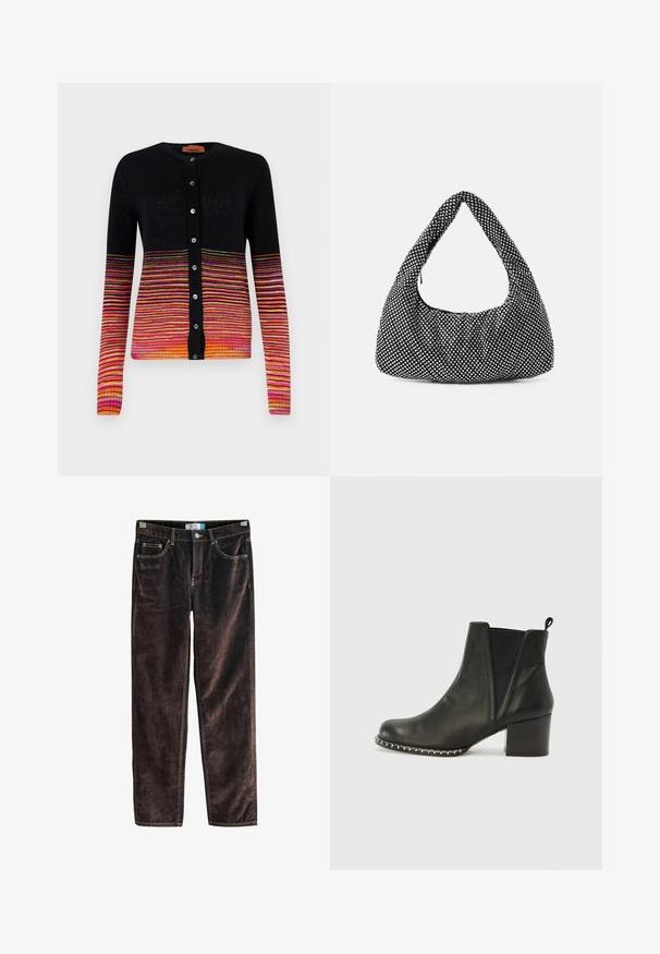 Juodas kardiganas su horizontalių juostų gradientu rožinės, oranžinės ir geltonos spalvos. Turi apvalų iškirpimą ir mygtukų užtraukimą.; Balta liemenuota marškinėliai su apvalia iškirpte, pasižymintys plonu audiniu ir odiniu etiketėle šalia peties.; Rudonės korduroy tiesaus kirpimo kelnės su penkiomis kišenėmis, kontrastinga siūlė ir mygtuko uždėjimas juosmens srityje. Minkšta tekstūra su briaunotu raštu.; Castañer NEANDRA 113 - Klasikiniai aulinukai - black; Juoda, kreivę formą turinti hobo tipo rankinė, pagaminta iš tekstūruotos medžiagos, puošta sidabriniais kalnų krištolais. Viena viršutinė rankena, su užtrauktuku užsegama ir minkšta siluetas.