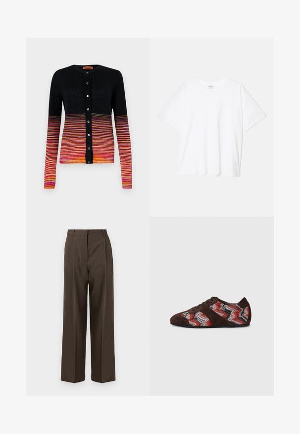 Fekete kardigán vízszintes csíkok fokozatos árnyalataiban rózsaszín, narancs és sárga színben. Kerek nyakkivágással és gombos zárással rendelkezik.; Fehér pamut póló rövid ujjal, kerek nyakkivágással, laza fazonnal és varrott szegéllyel. Címke látható a belső nyakrészén.; Barna, bő szárú nadrág sima textúrával, magas derékkal, elülső pleat-ekkel és testre szabott kialakítással. Nincsenek látható zsebek vagy díszítések.; Barna velúr sneaker, amely piros, fekete és fehér színekben, zigzag mintázattal készült szövetből, fekete fűzőkkel és gumitalppal rendelkezik.