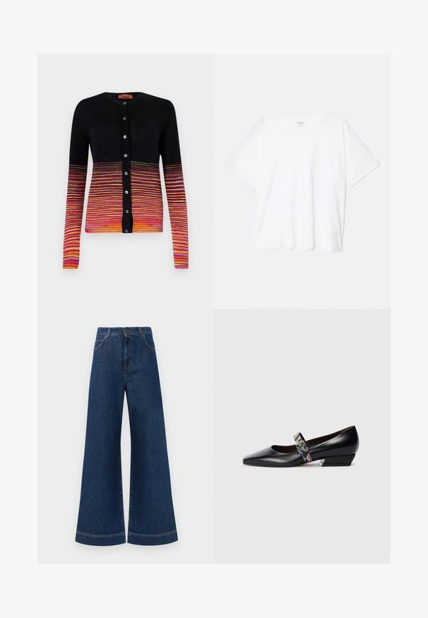 Juodas kardiganas su horizontalių juostų gradientu rožinės, oranžinės ir geltonos spalvos. Turi apvalų iškirpimą ir mygtukų užtraukimą.; Balta medvilnės marškinėliai trumpomis rankovėmis, apvalia iškirpte, laisvo kirpimo ir su siūtu kraštu. Etiketė matoma vidinėje iškirptės pusėje.; Plati mėlynos džinsinės kelnės su aukštu liemeniu, turinčios mygtukų užsegimą, diržo kilpas ir subtilius siuvinėjimo akcentus ant kišenių bei apdailos.; Juodos odinės aukštakulnės bateliai su smailiu priekiniu galu, turinčiais daugiaspalvę dirželį ir auksinės spalvos detales. Žemas, kampuotas blokinis kulnas.