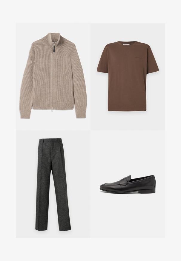 Sweater bege tricotado com fecho éclair, textura canelada, gola alta e mangas longas. Apresenta um fecho metálico e sem padrões adicionais.; T-shirt de algodão castanho com decote redondo, mangas curtas e um pequeno logótipo impresso na frente. Textura de tecido lisa, ajuste casual.; Calças cinzentas ajustadas, feitas de um tecido texturizado, com duas pregas frontais e um design de perna reta. Sem bolsos visíveis ou enfeites.; Sapatilha masculina em couro preto, com salto baixo e um design clássico com tira de moeda, apresentada em perfil lateral sobre um fundo branco.