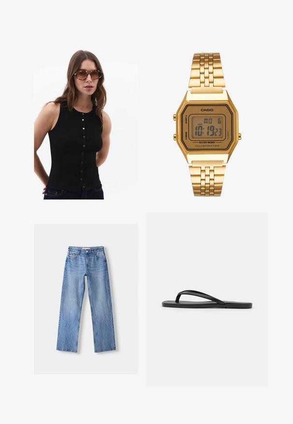 Czarna, prążkowana top bez rękawów z okrągłym dekoltem, z przodu z zapięciem na guziki i dopasowanym krojem. Noszony z okularami przeciwsłonecznymi w wzory i ciemnymi dżinsami.; Czarny prążkowany top na ramiączkach z wysokim dekoltem i bez rękawów. Posiada dopasowany fason i miękką teksturę.; Jasnoniebieskie dżinsy o prostym kroju, z pięcioma kieszeniami, z przodem zapinanym na guzik oraz delikatnym przetarciem dla dodania tekstury.; Czarne klapki o minimalistycznym designie z płaską podeszwą, wąskimi paskami i gładką fakturą. Brak dodatkowych wzorów lub akcentów.; Złoty zegarek cyfrowy z prostokątną tarczą, wyświetlaczem LCD, stalową bransoletą i przyciskami po bokach. Posiada oznaczenie wodoodporności.