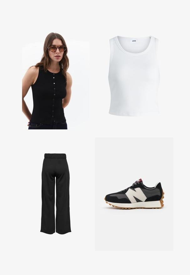 Zwarte geribde mouwloze top met een ronde hals, knoopsluiting aan de voorkant en een aansluitend ontwerp. Gekleed met patroon-zonnebril en donkere spijkerbroek.; Witte geribbelde tanktop met een ronde hals, zonder mouwen en een cropped lengte. Label draagt "JJXX." Gladde stoftextuur.; Zwarte, wijde broek met een elastische tailleband, gemaakt van gladde stof. Heeft een strakke uitstraling zonder zakken of zichtbare stikseldetails.; Zwarte en grijze suède sneaker met een groot crèmekleurig "N"-logo, paarse veters en een gestructureerde rubberen zool van gum.