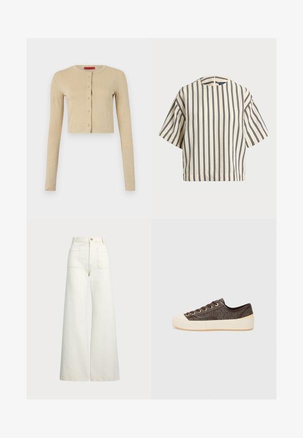 Cardigan beige cropped en matière douce, avec un col rond, des manches longues et une rangée de six boutons sur le devant.; T-shirt à manches courtes, rayé crème et marine, présentant un col rond et un design boxy avec un tissu texturé.; Jeans large en denim écru. Design taille haute avec une fermeture à bouton, deux poches avant et des détails de surpiqûres contrastantes.; Baskets en toile à motifs marron avec œillets dorés, fermeture à lacets, et capuchon en caoutchouc blanc sur le bout et la semelle. Avec une finition texturée.
