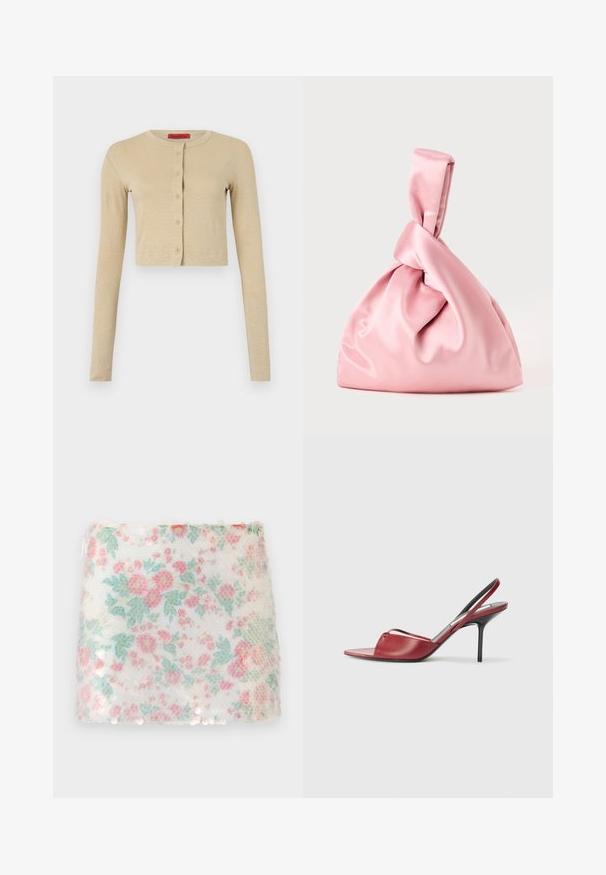 Cardigan scurt bej, fabricat dintr-un material moale, cu guler rotund, mâneci lungi și o linie de șase botoane pe față.; Top alb din bumbac moale. Prezintă textul "SHADOWBANNED" în gri deschis pe piept. Design simplu, fără mâneci.; Material alb cu motive florale, având flori în nuanțe pastel de roz și verde, cu o suprafață texturată și detalii strălucitoare sub formă de paiete pe marginea de jos.; Sandal cu toc din piele roșie, cu design cu vârful deschis și ascuțit, curea subțire pe picior și toc stiletto îngust.; Geantă roz din satin cu un capac legat, având o textură netedă și o formă moale, rotunjită. Concepută pentru a oferi un aspect strâns și adunat.; Cercei lungi cu trei pietre prețioase mari, pătrate și dreptunghiulare, de culoare roșie, fiecare înconjurată de cristale clare mai mici, montate în aur.
